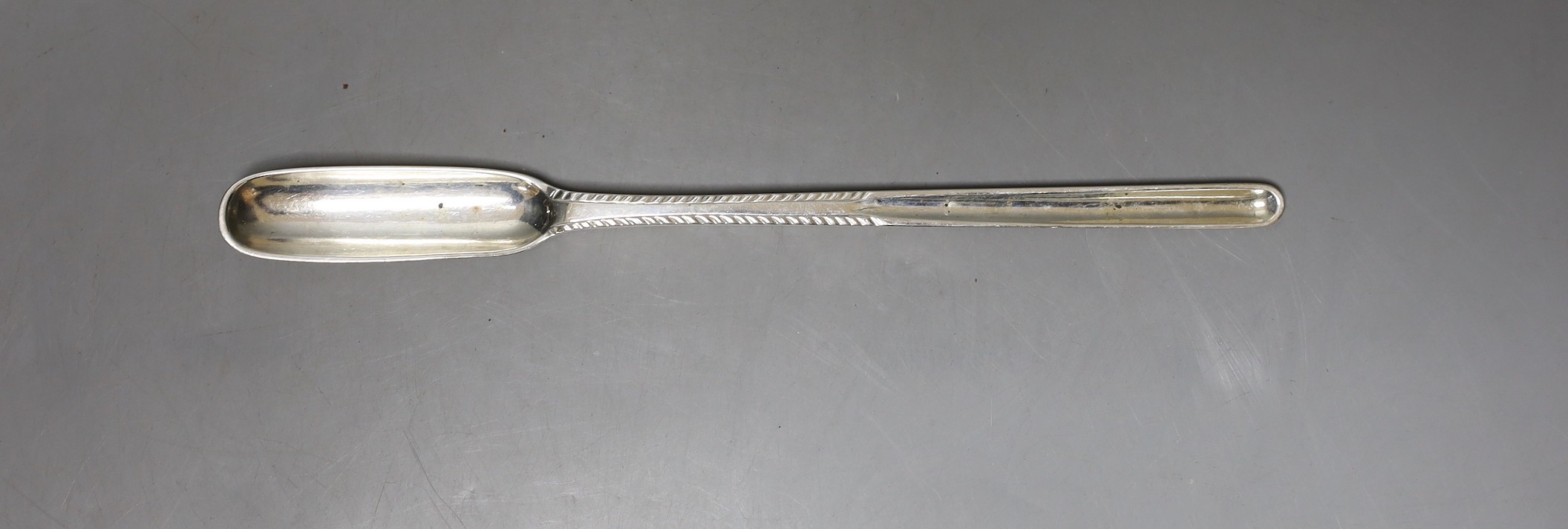 A George III silver feather edge marrow scoop, John Lampfert, London, 1772, 22cm, 45 grams.